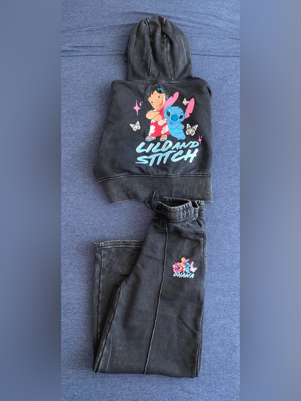 Girls Disney Black Lilo & Stitch Jogger Pants with Blue and Pink Graphics